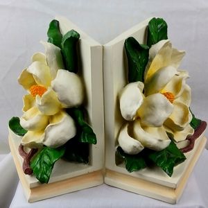 CBK Limited cream and yellow flower Book ends 5 1/2 x 4 1/2 x 2 3/4 inches.